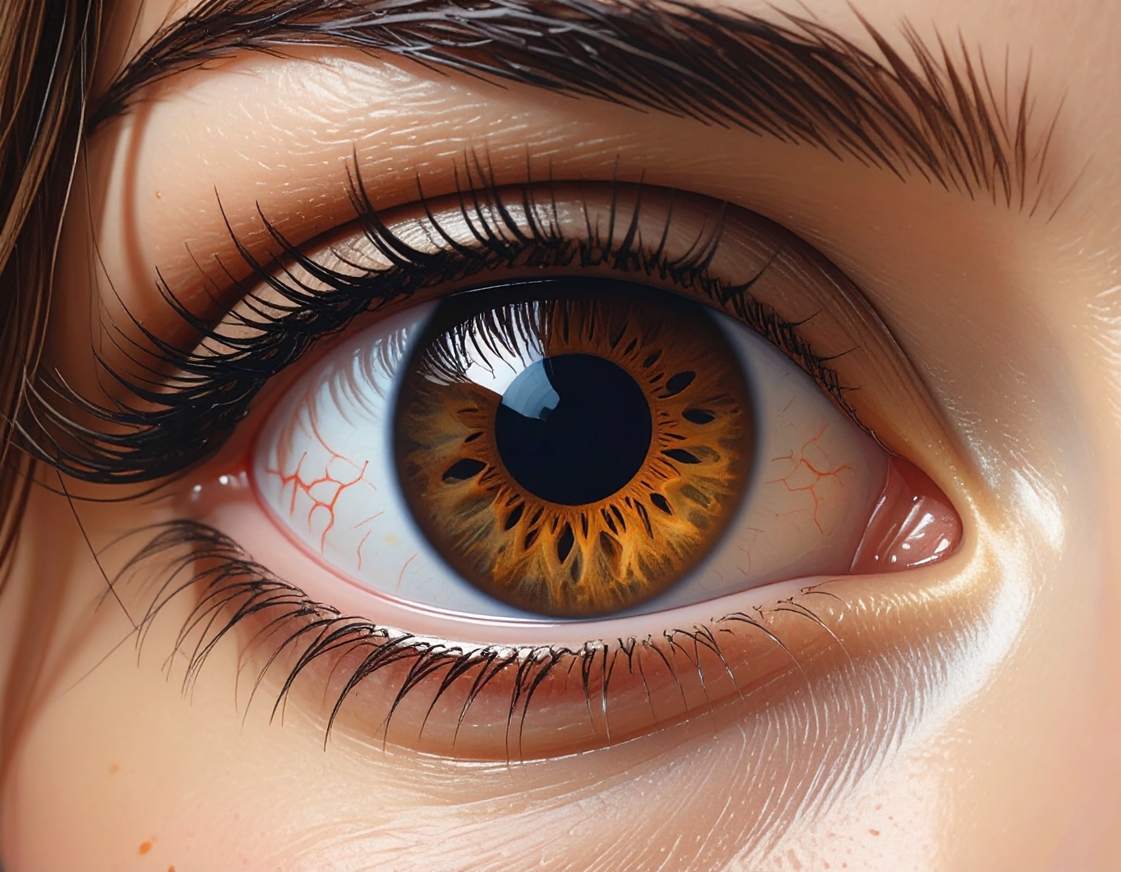 A close-up of a warm, light brown eye glowing in the sun.